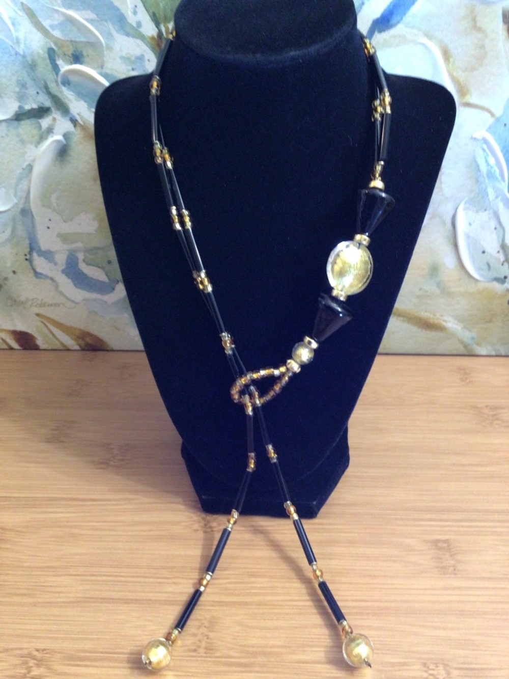 Art Deco-inspired Lariat Necklace Black Beads Gold Foil Venetian Glass Beads
